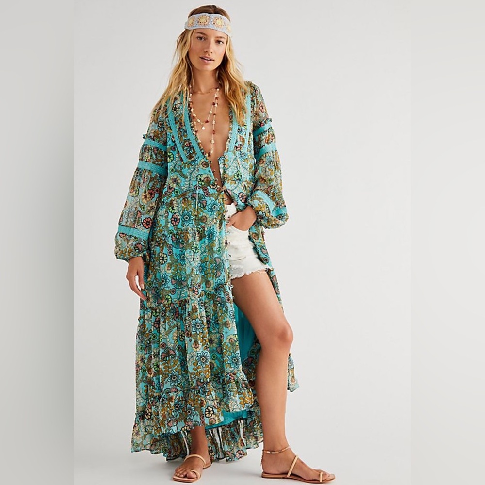 NWOT Free People Cassis Printed Chiffon Dress Boho Floral Maxi Tunic Aqua sz XS